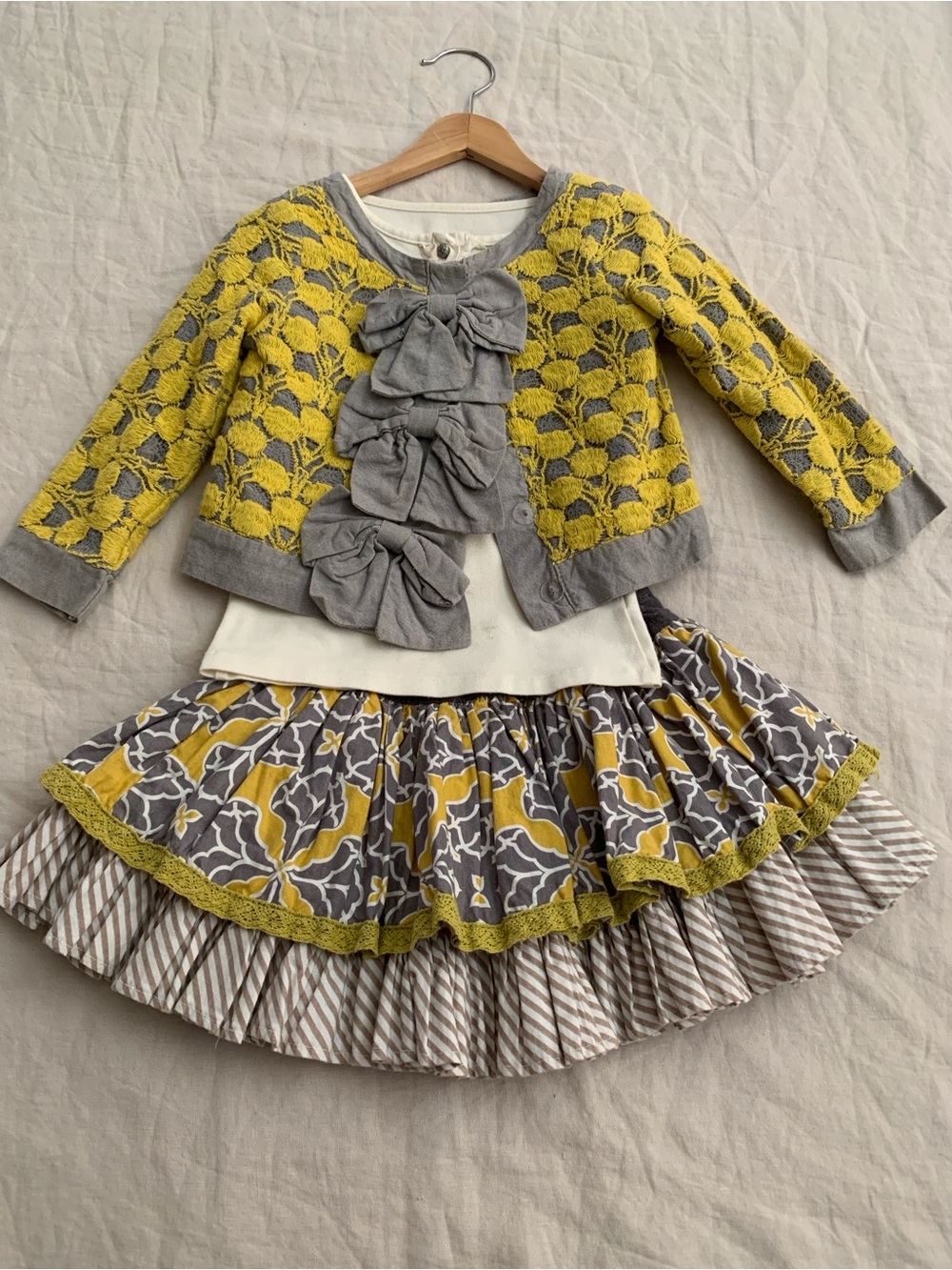 Persnickety Yellow Gold & Gray Lace Bow Cardigan Dress Set